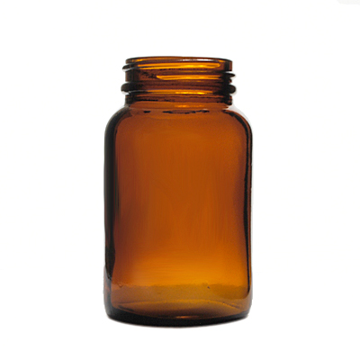 150CC AMBER GLASS WIDE MOUTH PACKER ROUND WITH 45-400 NECK FINISH