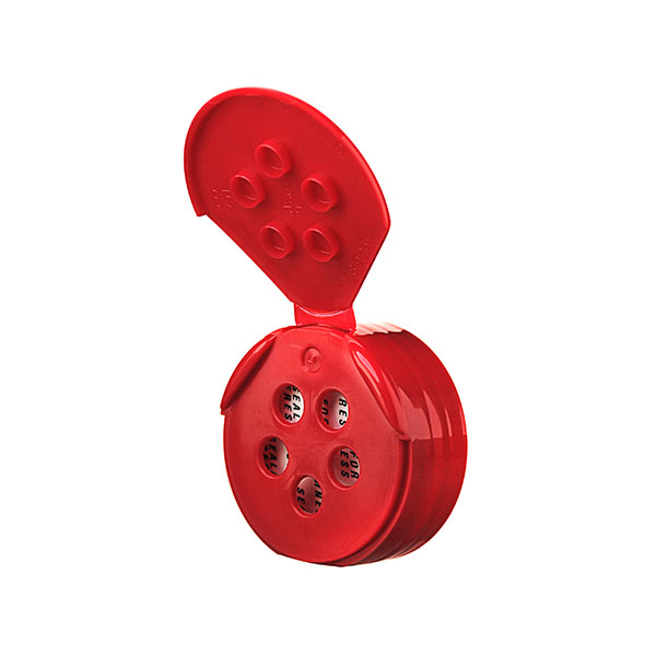 82210011: 43-485 RED PP SPICE FLAPPER CAP .250" 5-HOLE SEALED FOR FRESHNESS PRINTED HS LINER